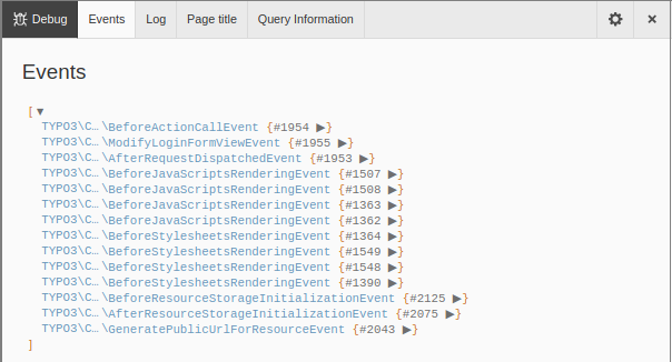 The Events tab of the Debug section of the Admin Panel