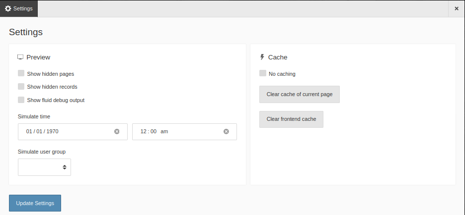 The Settings screen of the Admin Panel