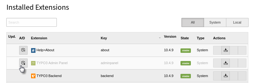 Extension manager showing Admin Panel extension