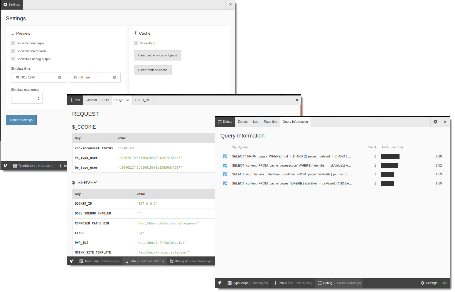 Three cascading screenshots of different pages of the admin panel