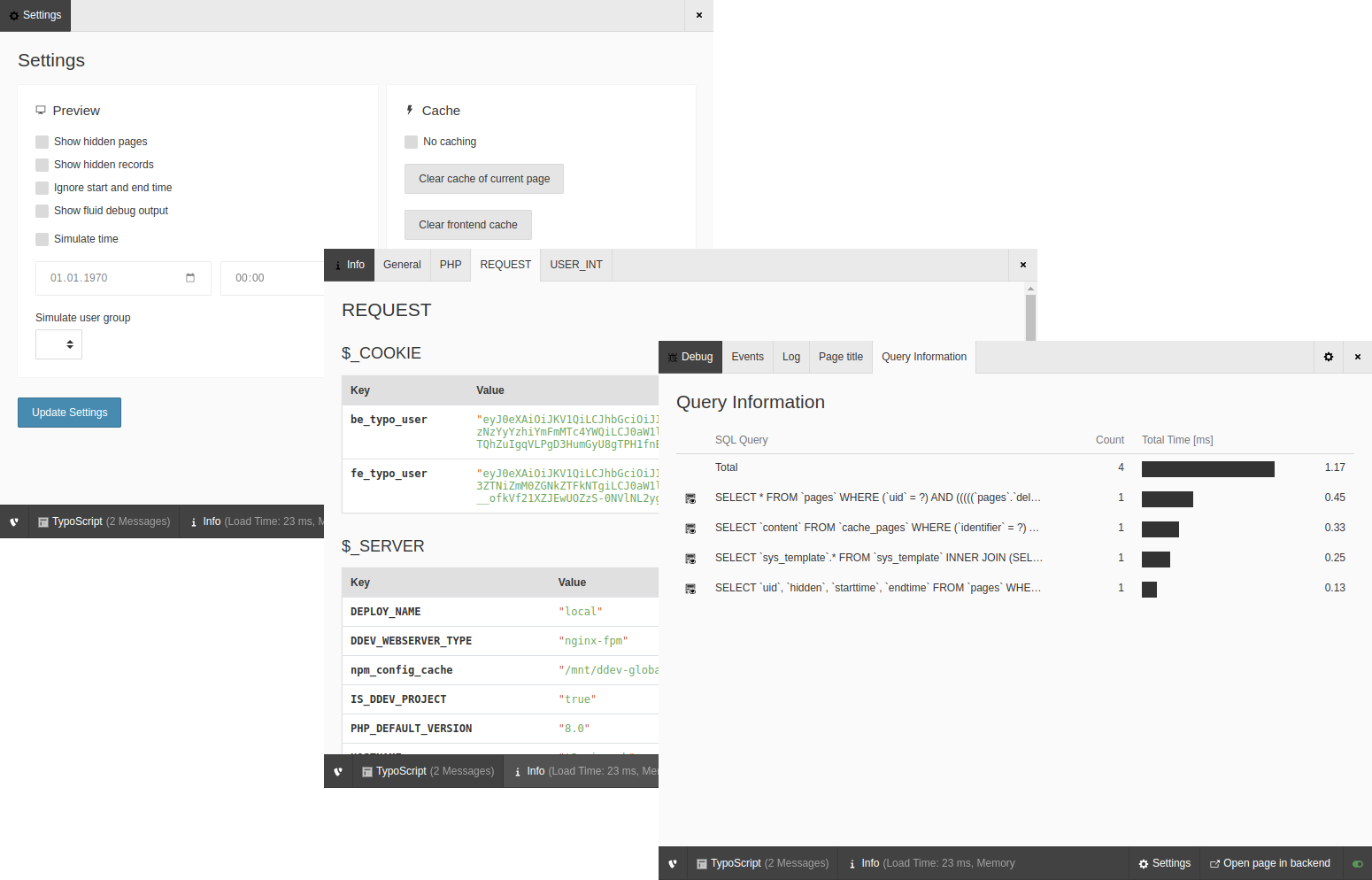 Three cascading screenshots of different pages of the admin panel