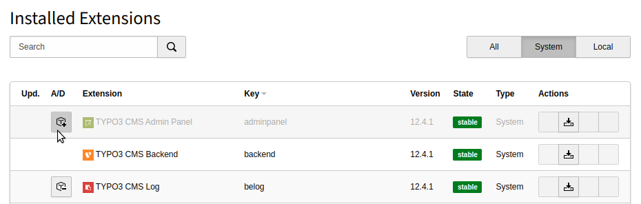 Extension manager showing Admin Panel extension