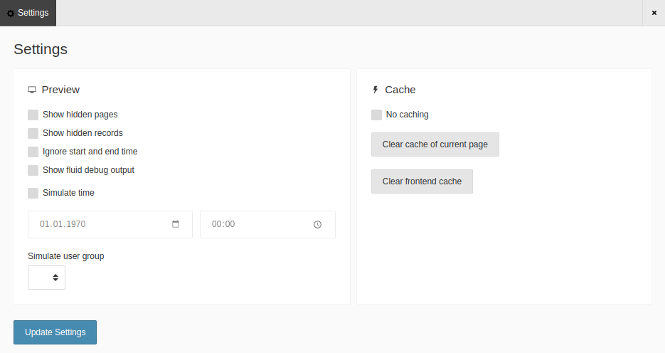 The Settings screen of the Admin Panel