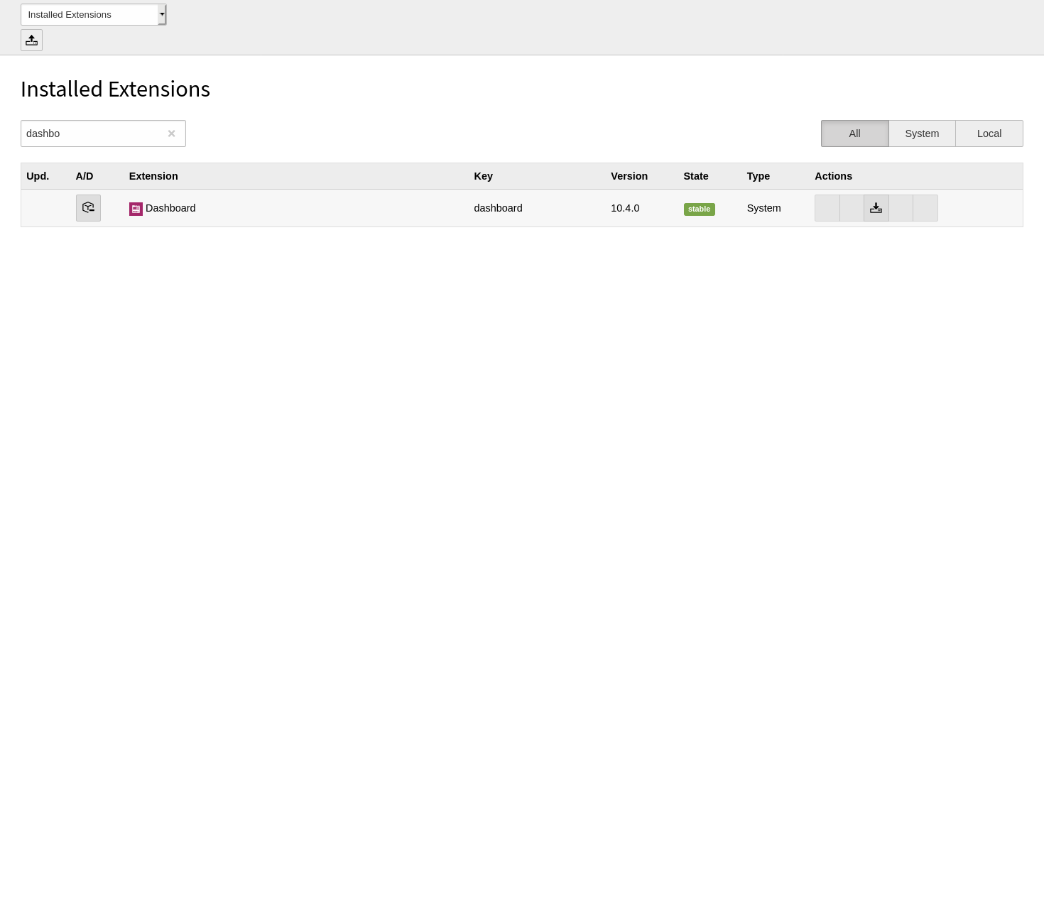 Extension manager with filtered dashboard extension