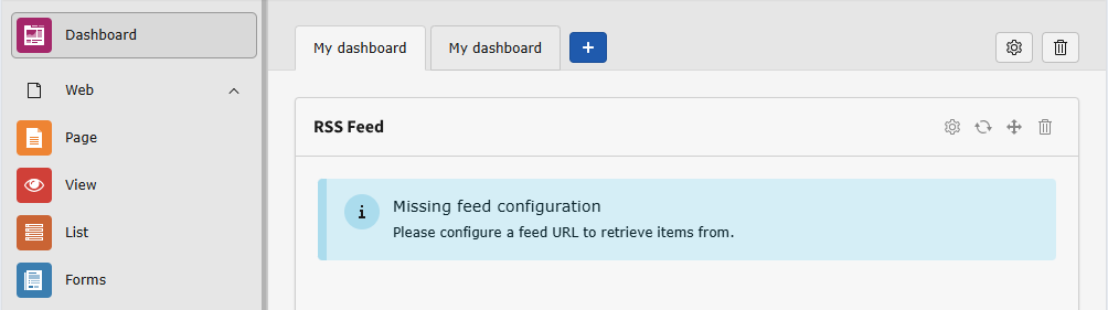 Screenshot of the dashboard widget "RSS Feed" with the location of the settings (cog) icon