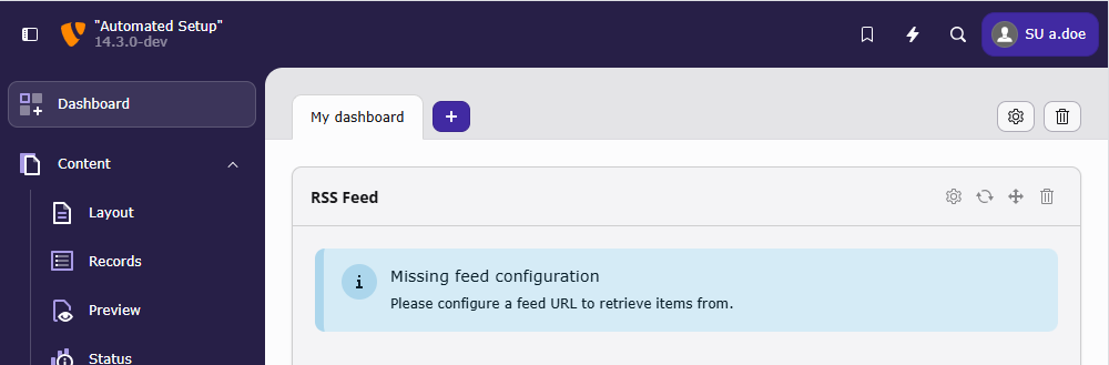Screenshot of the dashboard widget "RSS Feed" with the location of the settings (cog) icon