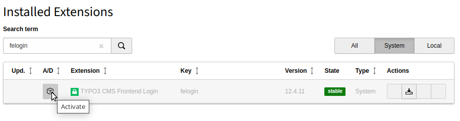 Extension manager showing Frontend Login extension