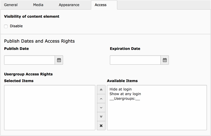 Backend display of the Access tab