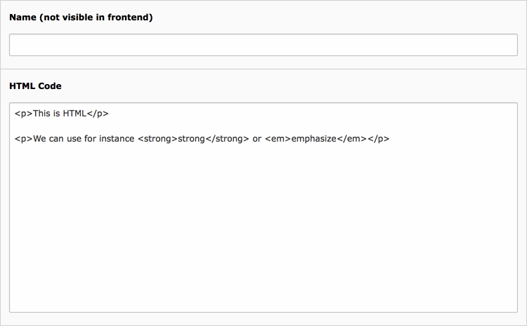 Backend display of the fields for the HTML content element in the General tab