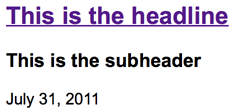 Frontend rendering of the content element header, with a subheader and date grouped together