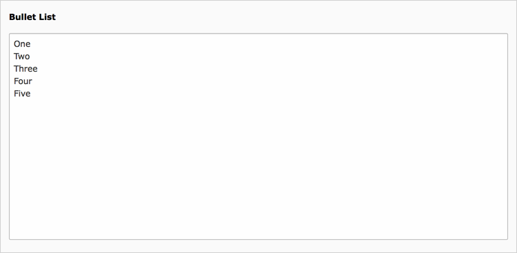 Backend display of the field for the Bullet list in the General tab