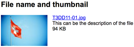 Frontend rendering of a file, with thumbnail, description and file size set