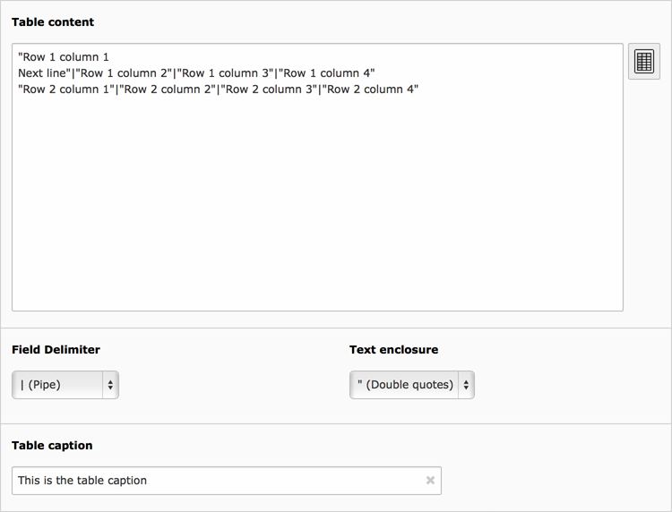 Backend display of the fields for the Table in the General tab