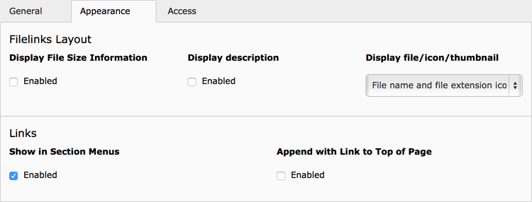 Backend display of the Appearance tab for the File links