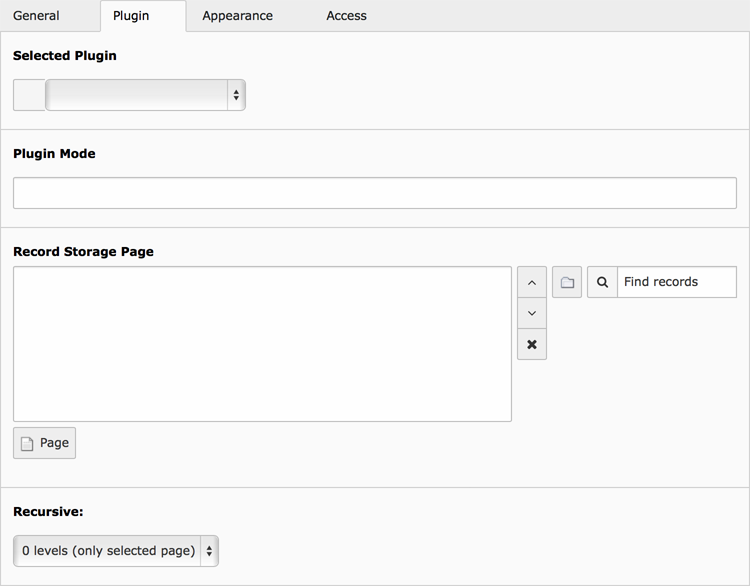 Backend display of the fields for the Insert Plugin content element in the Plugin tab
