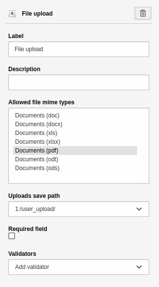 Settings for the 'File upload' element.