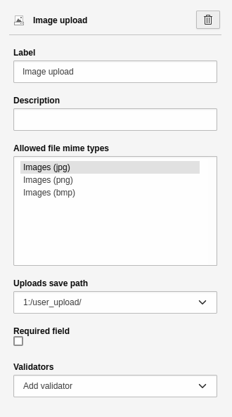 Settings for the 'Image upload' element.