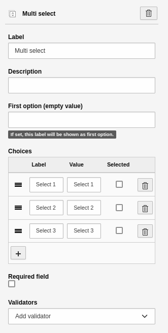 Settings for the 'Multi select' element.