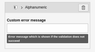In the Inspector - Settings element for the 'Alphanumeric' validator.