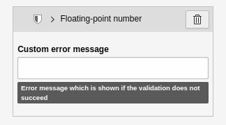 In the Inspector - Settings element for the 'Floating-point number' validator.