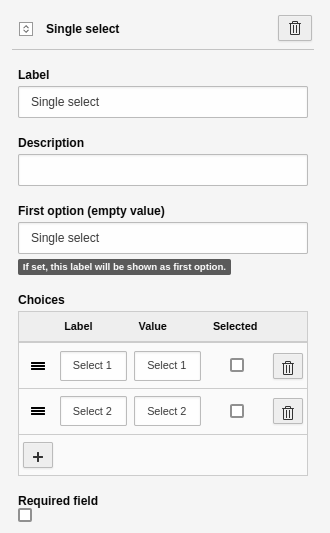 Settings for the 'Single select' element.