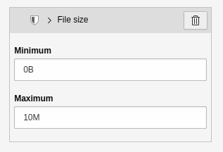 In the Inspector - Settings of the 'File size' validator.