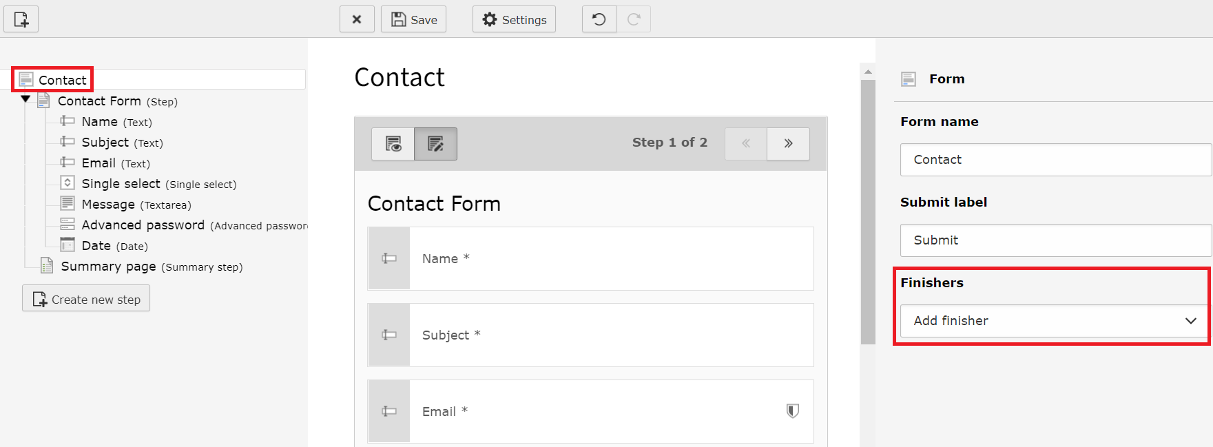 Form editor - add new finishers.