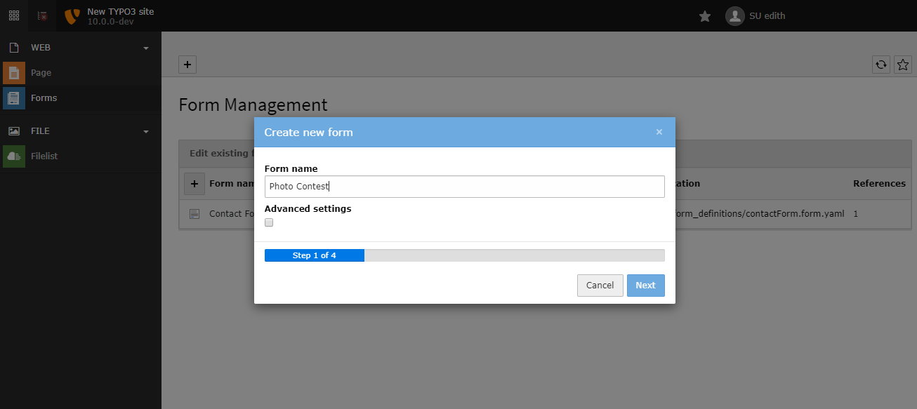 The form creation wizard - step 1