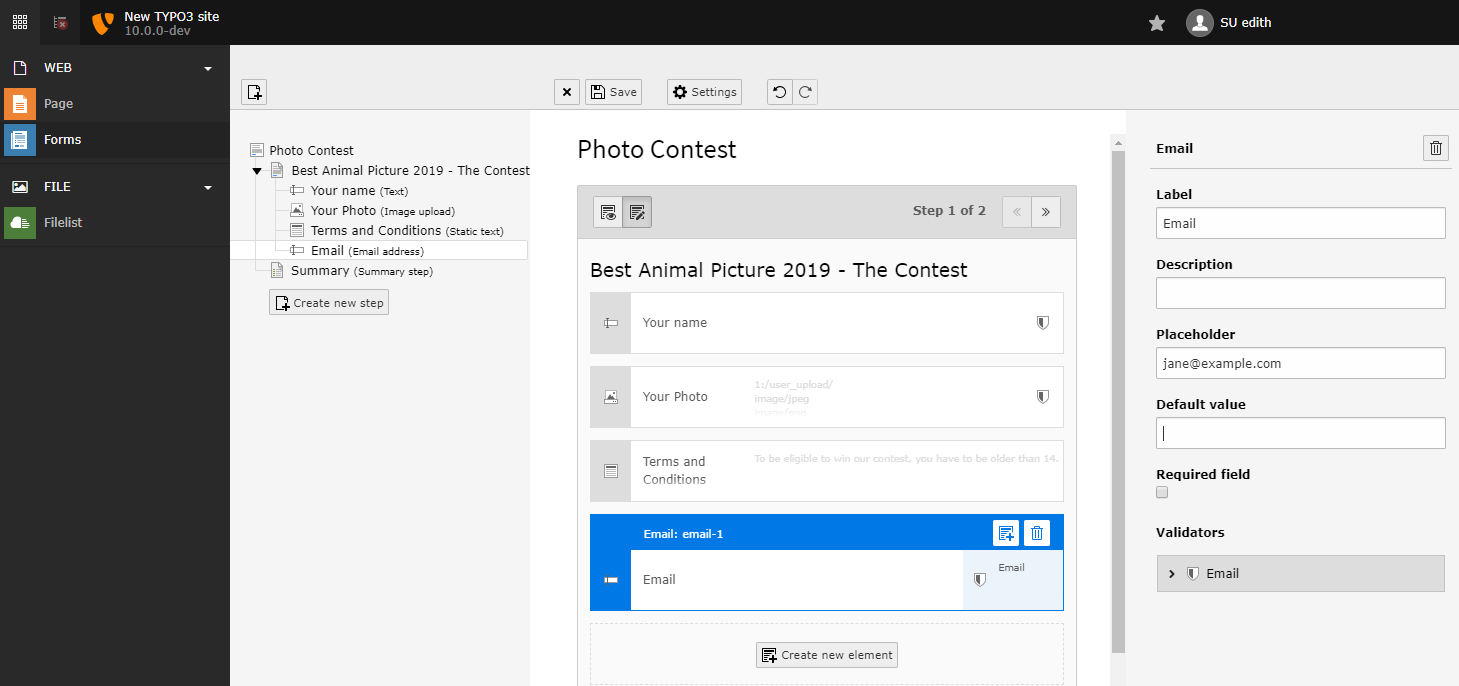 Configure the email address field