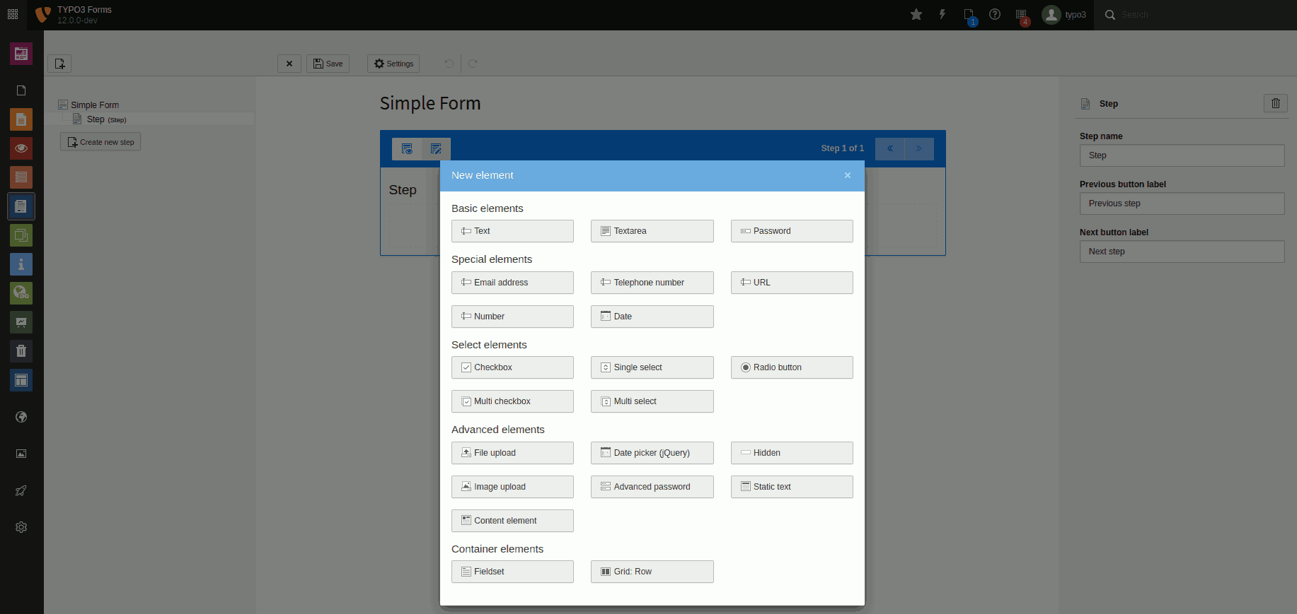 Overview of all form elements included in the TYPO3 core. There may be fewer or different elements in your installation.