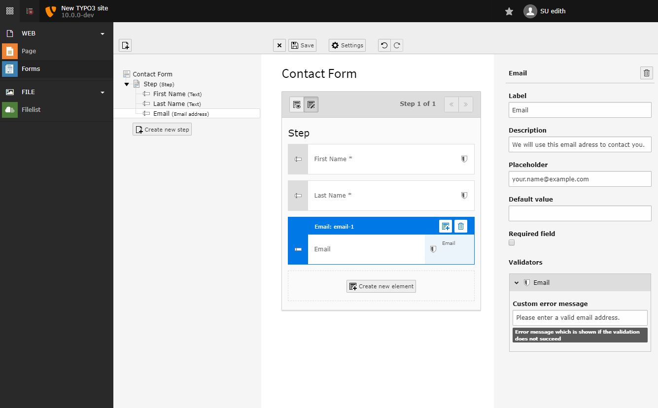 Fields for the email field.
