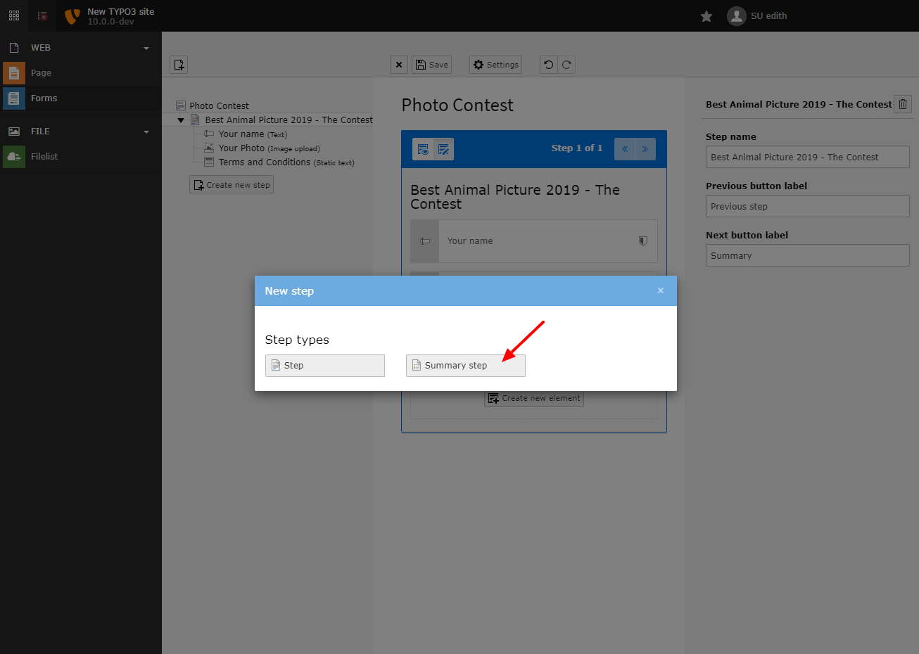 Create new step - choose summary