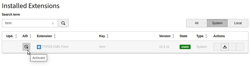 Extension manager showing Form extension