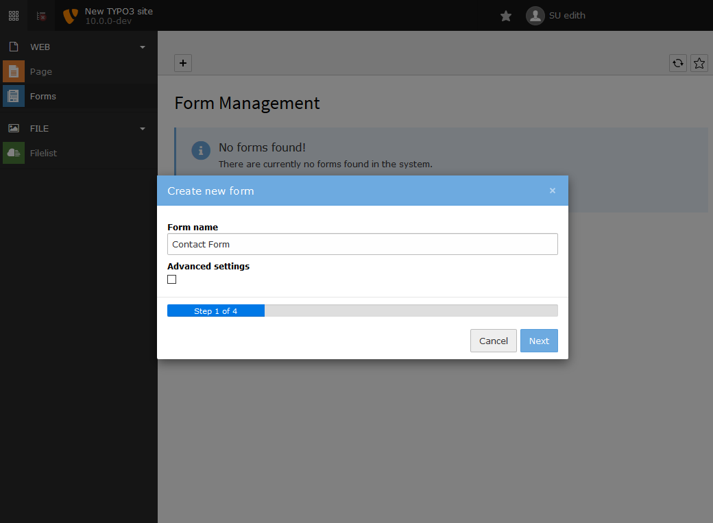 The form creation wizard - step 1