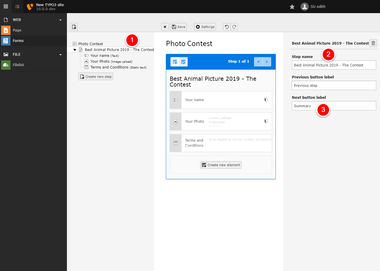 Set options for step