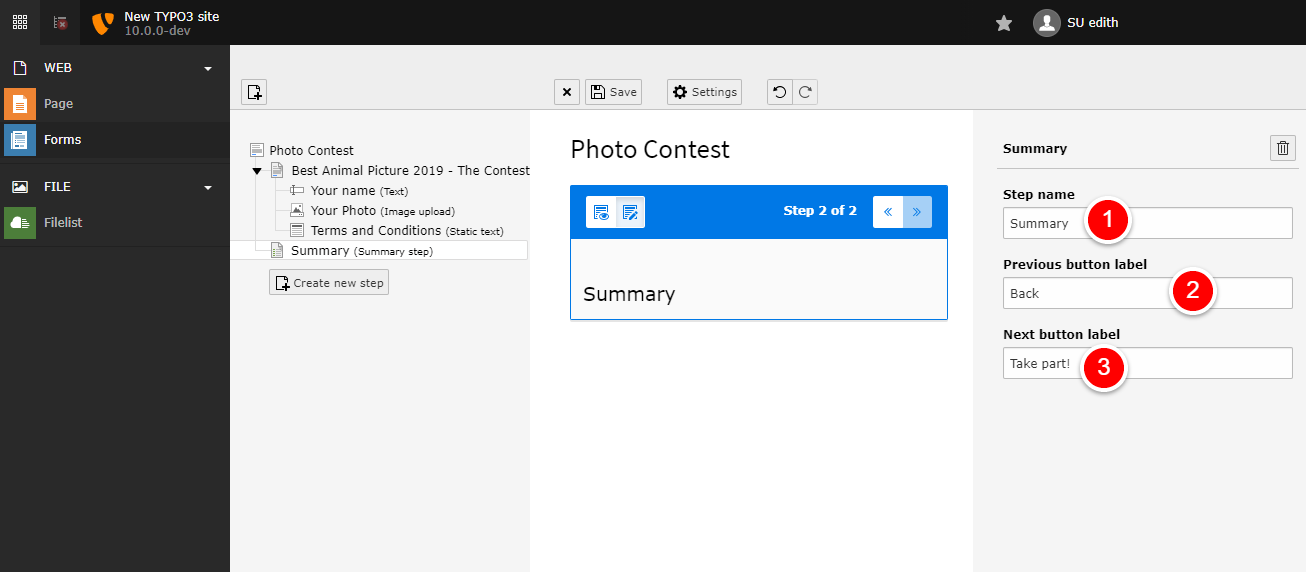 Create new step - configure summary
