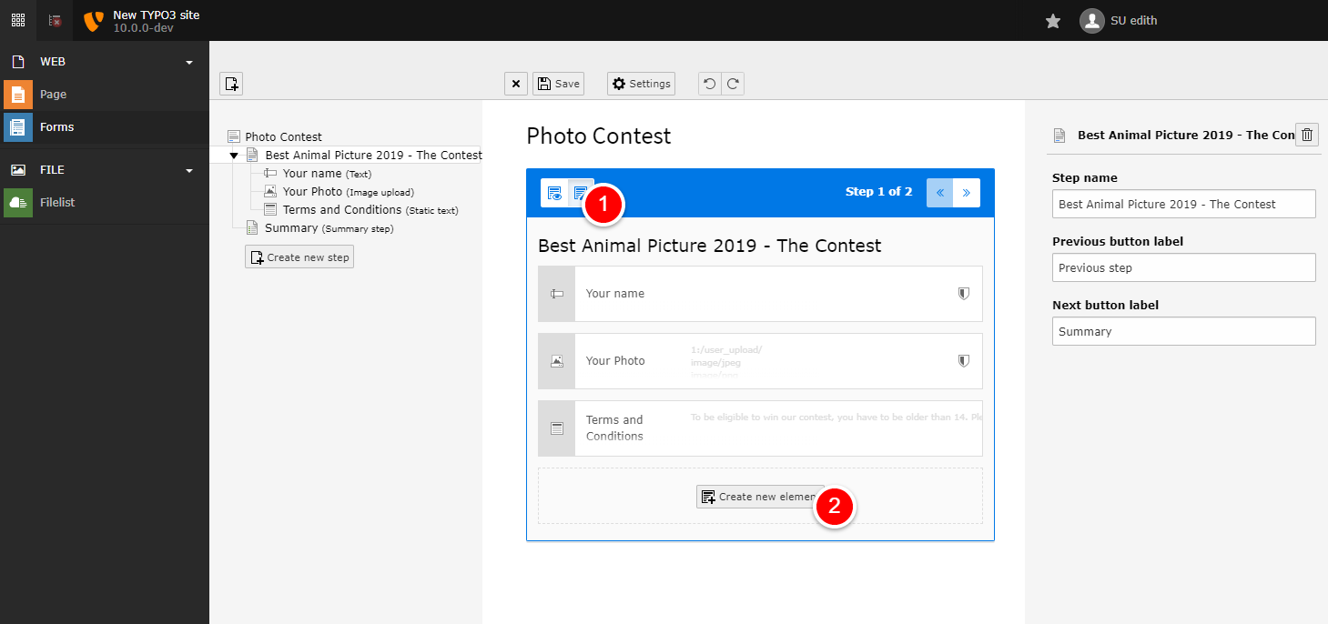 Switch to editing and Create new element