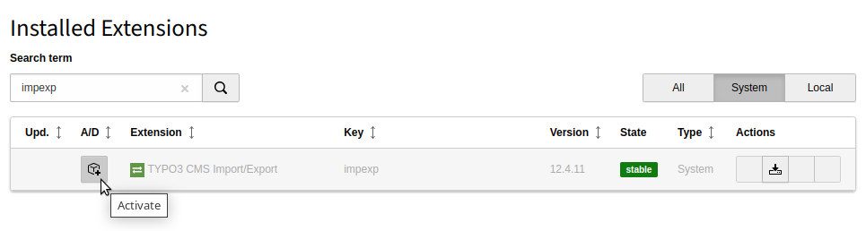 Extension manager showing Import / Export extension