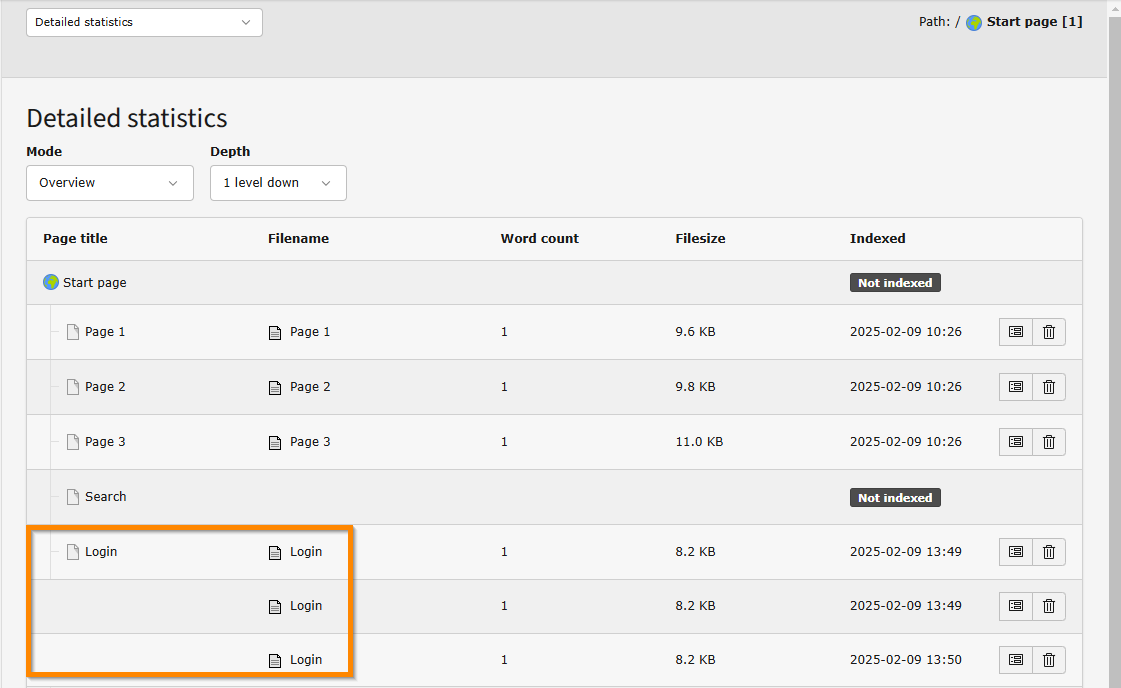 Screenshot of the "Detailed statistics" in module "Web > Indexing" in the TYPO3 backend