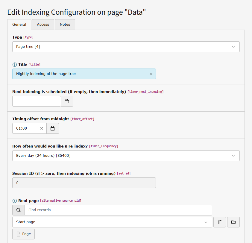 Screenshot of an indexing configuration record in the Record module of the TYPO3 backend