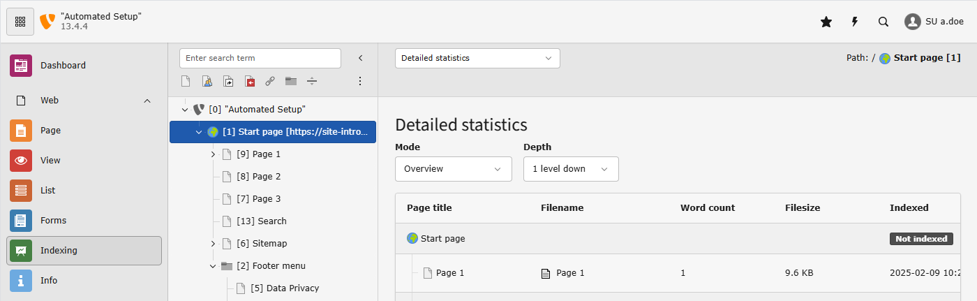 TYPO3 backend overview with the Indexing module opened