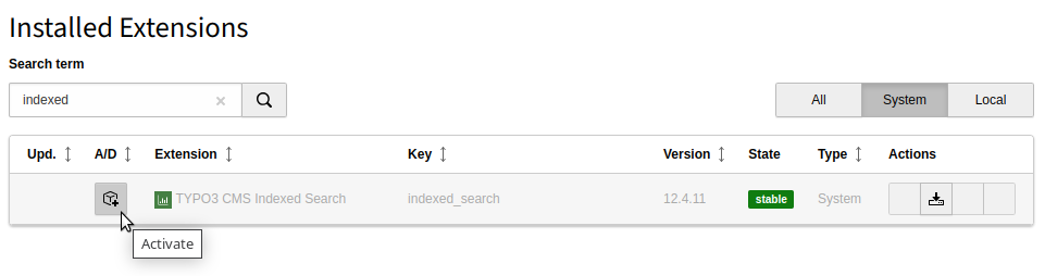 Extension manager showing Indexed Search extension