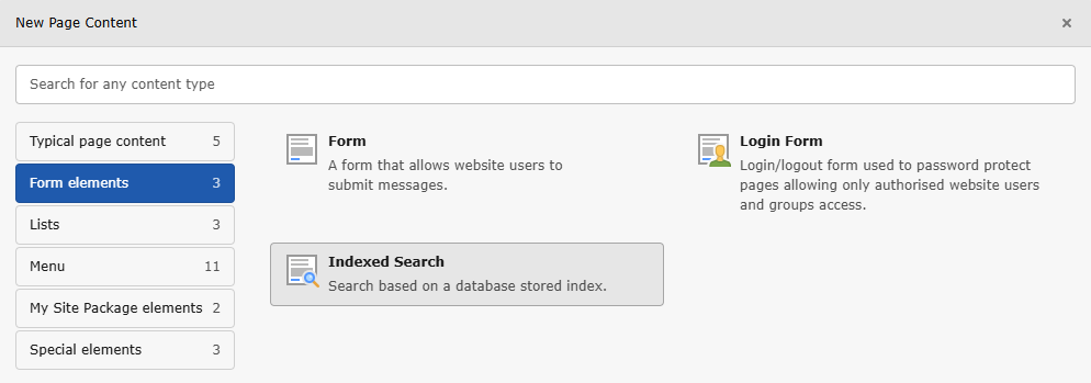 Screenshot of the Indexed Search plugin, displayed in tab "Form elements" of the "New content elements" wizard in the TYPO3 page module.