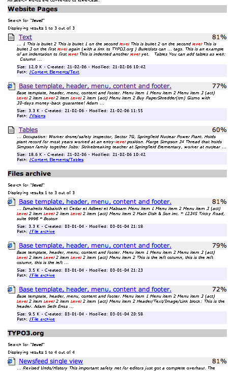 Categorized search results