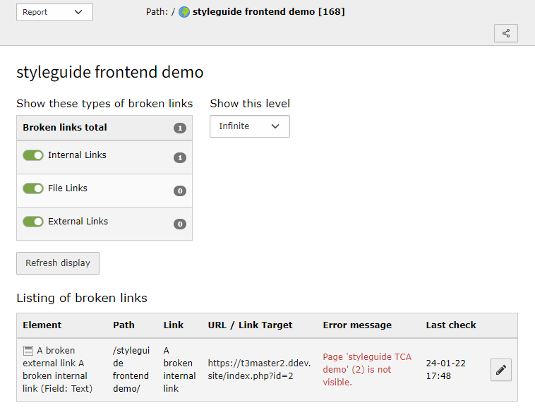 LinkValidator Report with results