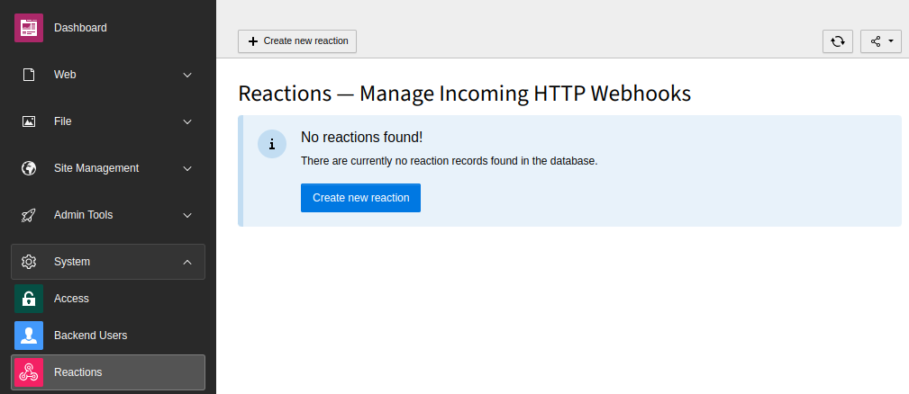 Backend module "Reactions" with no reactions available