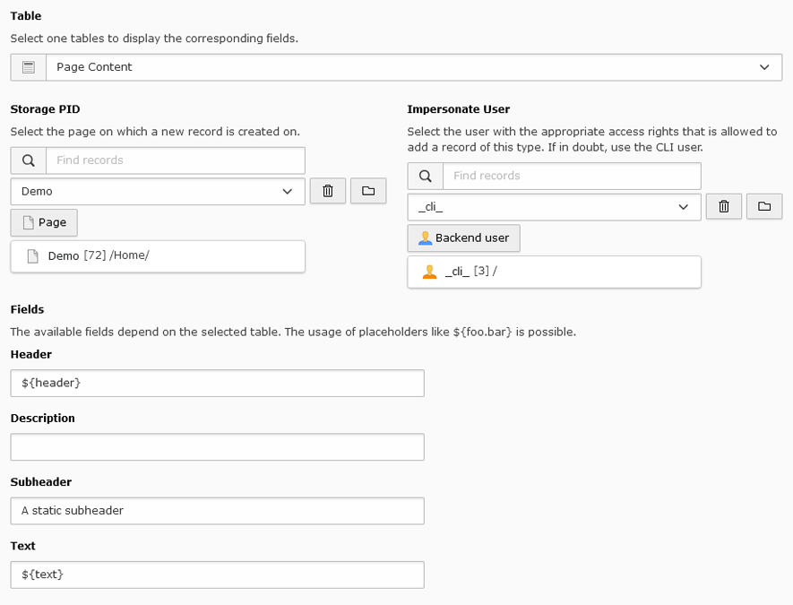 Form with additional configuration for page content