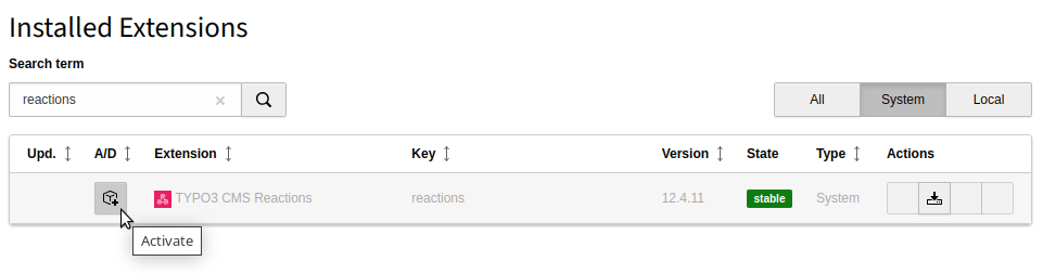 Extension manager showing Reactions extension