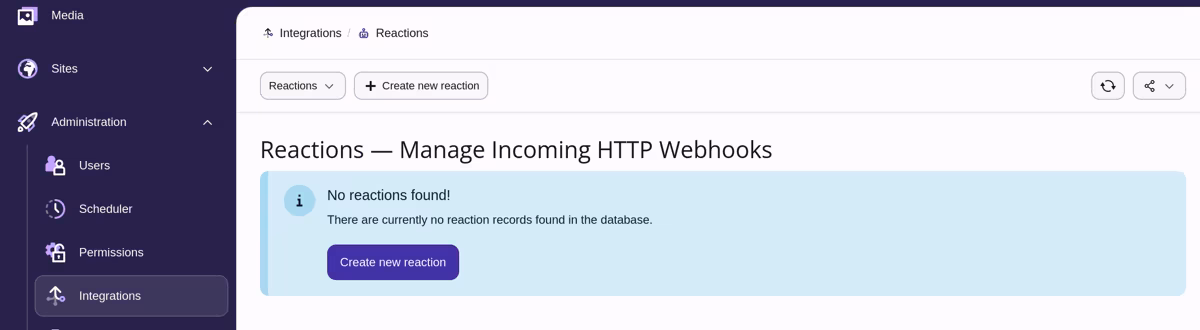 Backend module "Reactions" with no reactions available