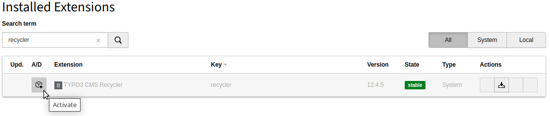 Extension manager showing the Recycler extension